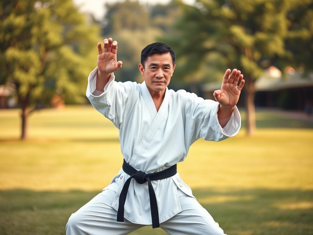 Create a realistic high-resolution photo that embodies the theme of wellness through martial arts training. The image should feature a single martial artist, a middle-aged Asian male, practicing a traditional martial arts pose, showcasing strength and focus. He should wear a classic martial arts uniform, which is crisp white with a black belt, symbolizing discipline. 

The subject should be positioned in the center of the composition, demonstrating a confident stance, perhaps in a serene outdoor setting suc