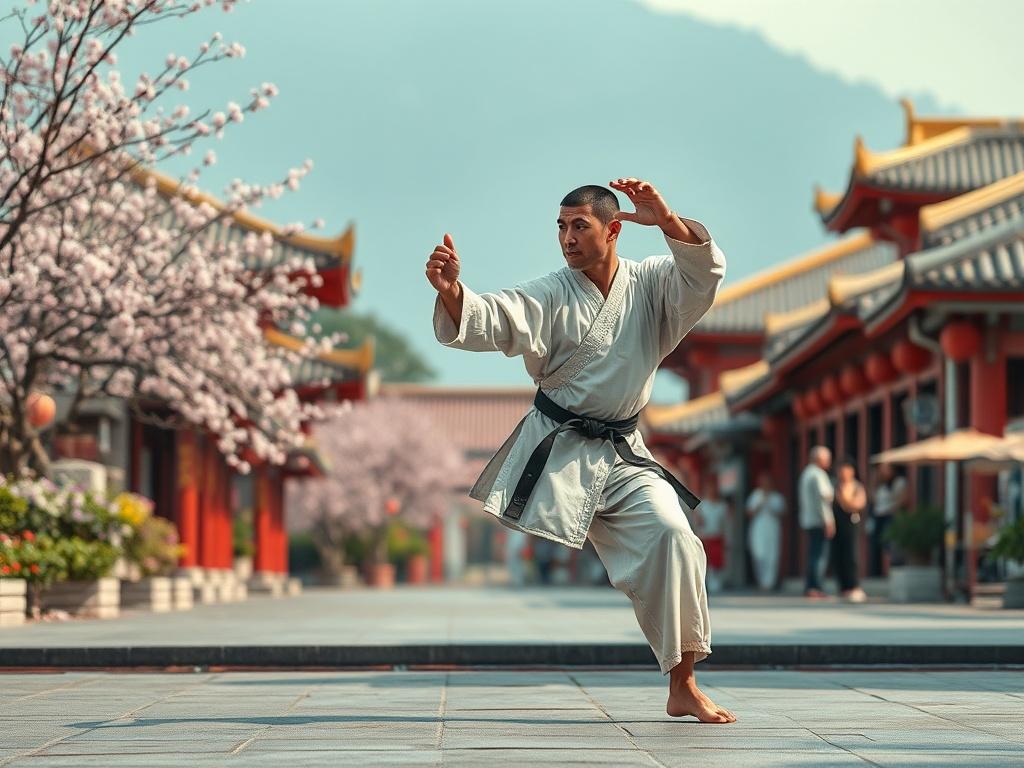 Create a realistic high-resolution photo that embodies the theme of "Cultural Insights: Stories and traditions from the places you visit seen through a martial artist's eyes." The composition should be simple and clear, featuring a single subject in focus. 

The subject is a martial artist in traditional martial arts attire, performing a dynamic pose that represents a particular martial art form, such as Tai Chi or Karate. Their posture should convey strength and grace, capturing the essence of martial arts