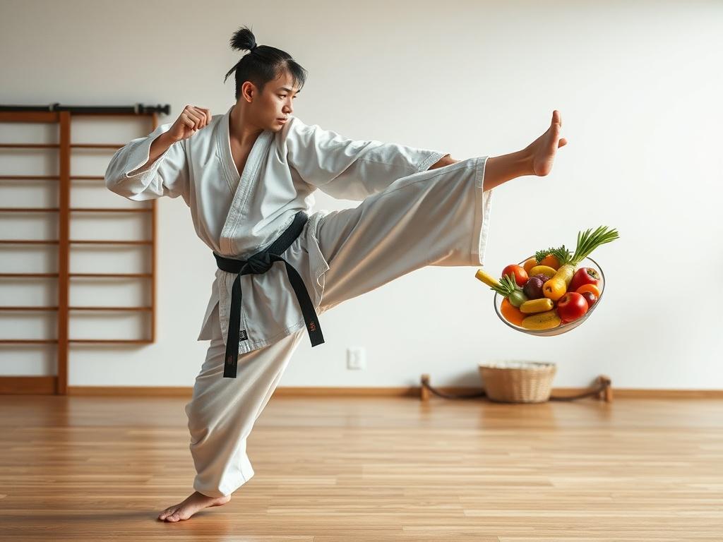 Create a realistic high-resolution photo that encapsulates the theme of "Food and Fighting: The Connection Between Nutrition and Performance in Martial Arts." The image should feature a single, strong martial artist in motion, executing a powerful kick in a well-lit dojo. The martial artist is wearing traditional training attire, emphasizing their athleticism and expertise. 

In their hand, they should hold a vibrant bowl of fresh fruits and vegetables, symbolizing the crucial role of nutrition in enhancing