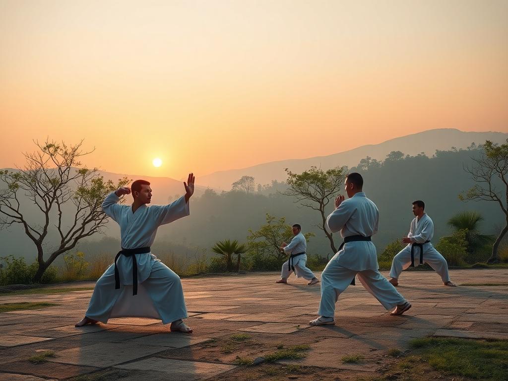 A serene landscape featuring a group of martial artists practicing in a tranquil outdoor setting, surrounded by nature. The focus is on the harmony between movement and stillness, showcasing the essence of martial arts training. A gentle sunrise casts a warm glow, emphasizing the peaceful atmosphere.