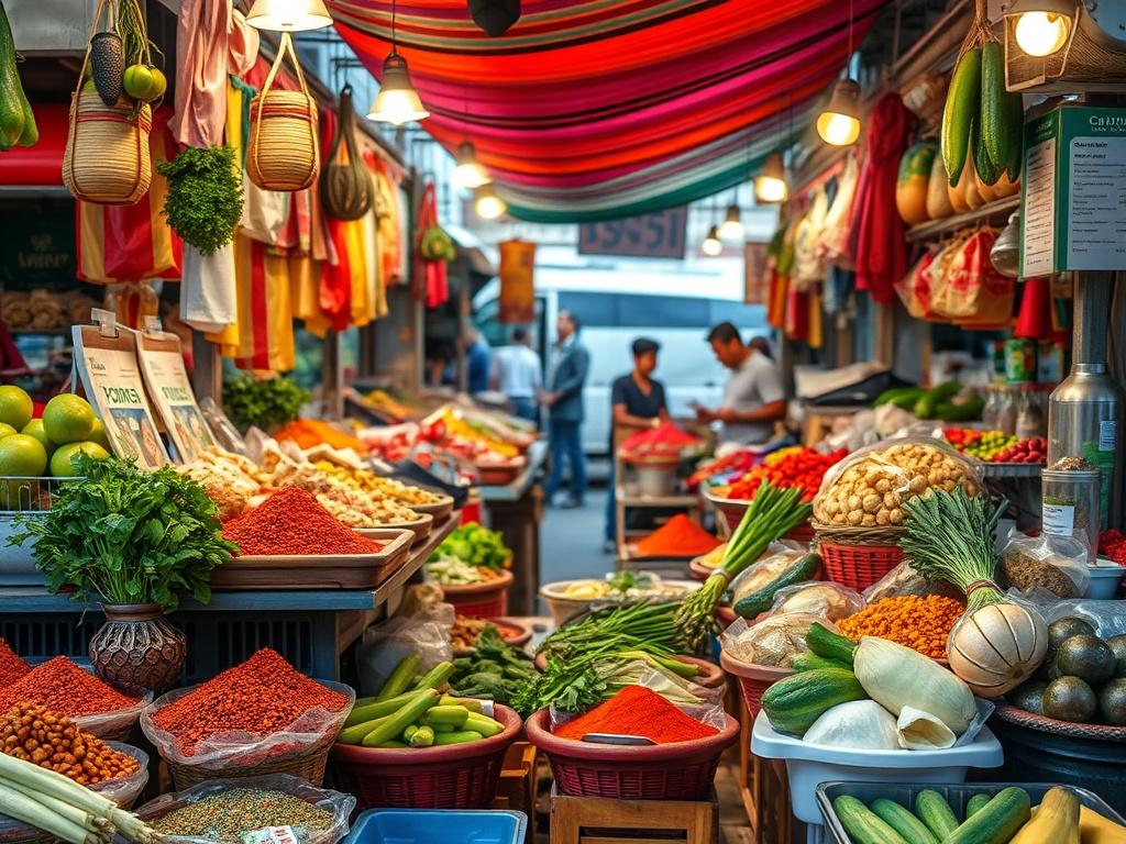 A vibrant high-resolution photo of a colorful market scene with fresh produce, spices, and street food. The image captures the essence of culinary exploration, showcasing local ingredients and the excitement of food discovery.