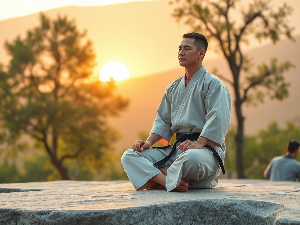 Create a realistic high-resolution photo that captures a serene moment of a martial artist practicing mindfulness and meditation in an outdoor setting. The composition should be simple and clear, featuring one subject: a focused martial artist sitting cross-legged on a flat, smooth stone at sunrise. The martial artist, dressed in traditional martial arts attire, exhibits a peaceful expression with eyes gently closed, embodying calm and concentration.

In the background, depict a natural landscape consisting