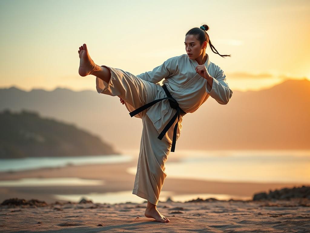 Create a realistic high-resolution photo featuring a single subject, a martial artist in motion, seamlessly blending the elements of adventure, travel, and culture. The martial artist, a person with an athletic build and wearing a traditional martial arts uniform, is captured mid-kick against a stunning natural backdrop. 

The background showcases a vibrant landscape—perhaps a serene beach at sunset or a majestic mountain range—symbolizing the allure of travel and exploration. The lighting should be warm an