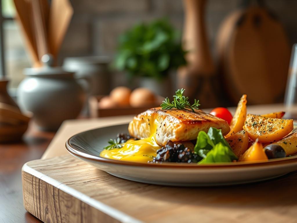 Create a realistic high-resolution image that encapsulates the essence of "Exploring Culinary Delights." The composition should be simple and clear, featuring a single mouthwatering dish prominently displayed in the center of the image. The subject of the photo is an elegantly plated gourmet meal, showcasing a variety of vibrant, colorful ingredients. 

The dish should include elements such as seared salmon with a drizzle of lemon butter sauce, garnished with fresh herbs, and accompanied by a side of roaste