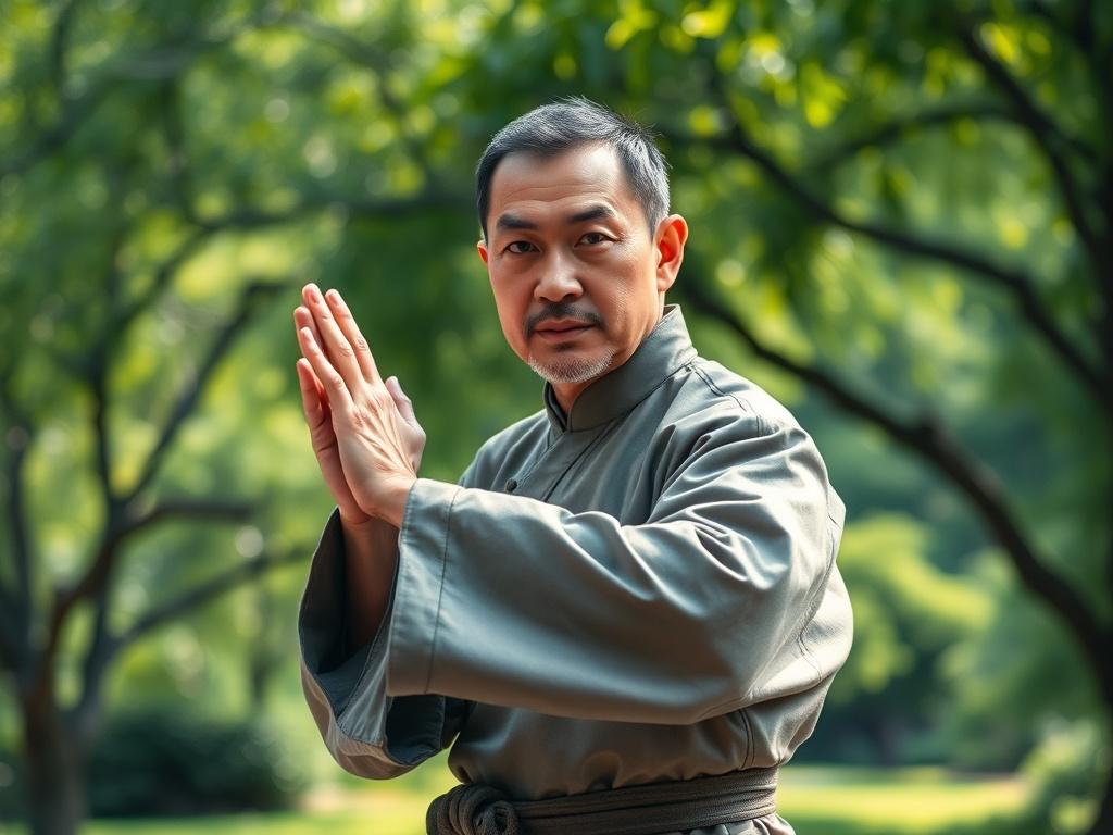 Generate a realistic high-resolution photo capturing a striking portrait of a martial artist in a serene outdoor setting. The subject should be a middle-aged Asian man dressed in traditional martial arts attire, demonstrating a focused expression while engaged in a gentle pose, such as Tai Chi. The background should depict a tranquil park with lush greenery and soft sunlight filtering through the leaves, creating a calm and inviting atmosphere. The composition should be simple and clear, with the martial ar