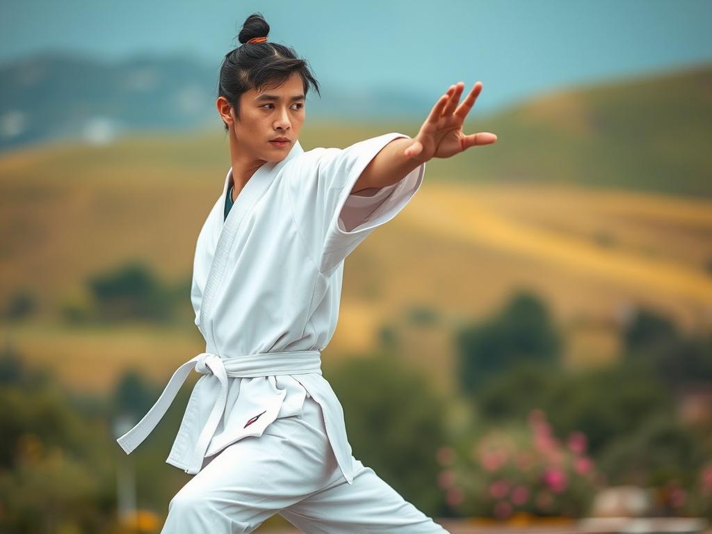 **AI Image Generation Prompt:**

Create a highly detailed, realistic high-resolution photo that visually represents the essence of a blog titled "Event Recaps: Highlighting Martial Arts Retreats, Cultural Events, or Food Workshops." The image should feature a single subject in a simple and clear composition – a focused, portrait-style shot of an engaging martial artist. The martial artist should be depicted mid-action in a serene outdoor setting, perhaps practicing a traditional martial arts move, exuding a