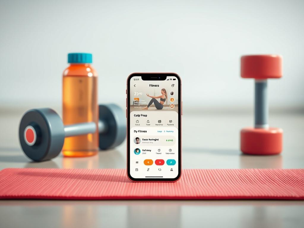 A high-resolution photo of a fitness app displayed on a smartphone, placed on a yoga mat next to a water bottle and a set of dumbbells. The background should be a bright, airy workout space, highlighting a sense of energy and motivation.
