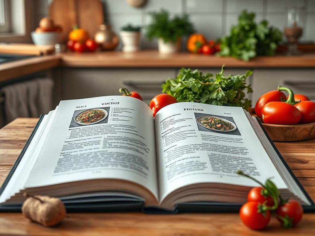 A high-resolution photo of an open cookbook displaying a vibrant recipe page, with fresh ingredients like vegetables, spices, and herbs artfully arranged around it. The background should be a softly lit kitchen setting, emphasizing the inviting atmosphere.