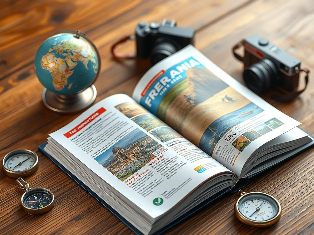 A high-resolution photo of an open travel guidebook on a wooden table, surrounded by travel essentials like a compass, a mini globe, and a camera. The background should be softly blurred, focusing on the guidebook's colorful pages and images of adventure destinations.