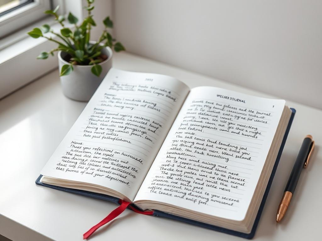 A high-resolution image of a wellness journal open to a page filled with handwritten notes and reflections. The journal should be placed on a serene workspace with a plant and a pen beside it. The background should be softly blurred, creating a calm and focused atmosphere.