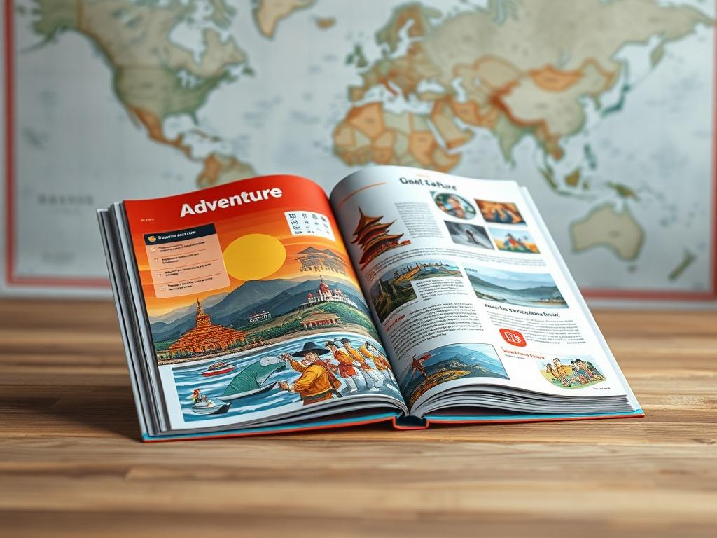 A high-resolution image of a beautifully illustrated adventure travel guidebook resting on a wooden table. The book should be open, displaying vibrant pages with images of various cultural destinations and martial arts scenes. In the background, a soft blurred image of a world map can be seen, enhancing the travel theme.