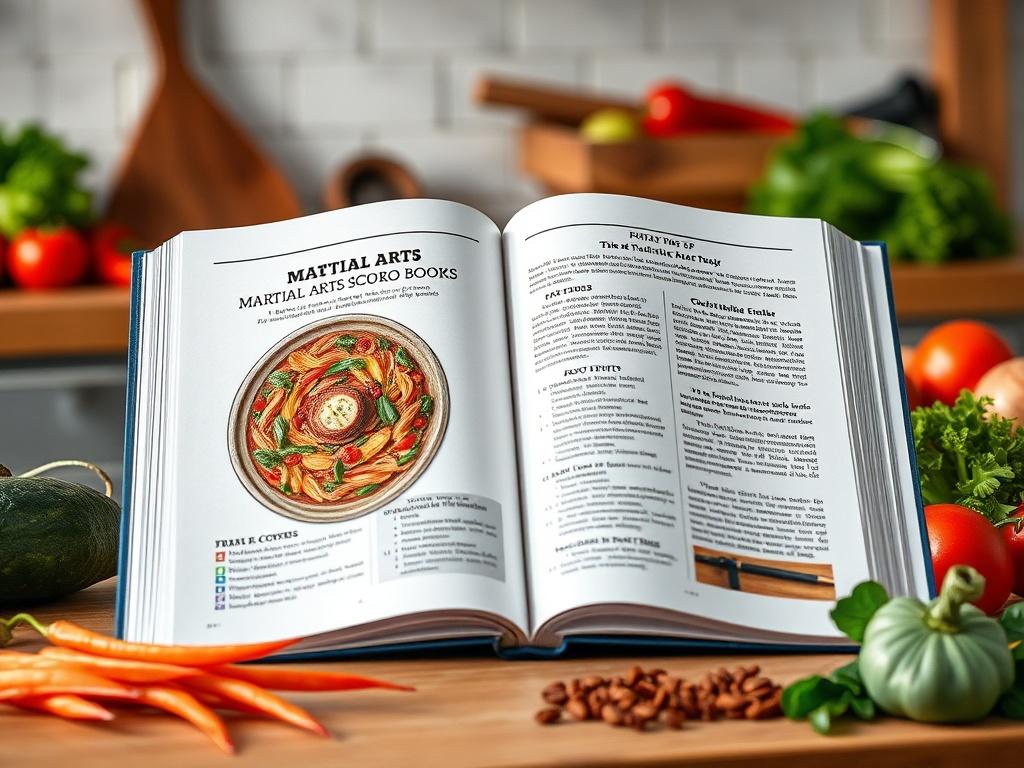 A high-resolution image of a martial arts recipe book opened to a vibrant page featuring a colorful dish. The book should be placed on a kitchen countertop with fresh ingredients like vegetables and spices surrounding it. The background should be softly focused, highlighting the culinary theme.