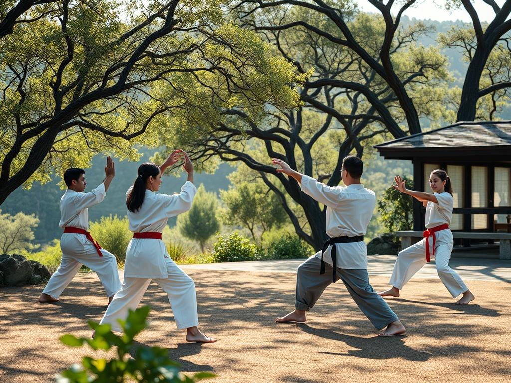 A serene high-resolution image of a group participating in a martial arts wellness retreat. The setting is a tranquil outdoor environment, surrounded by nature, with participants practicing martial arts moves. The scene conveys peace and focus, with soft natural light filtering through trees. The background includes elements of the surrounding landscape, showcasing the harmony between martial arts and nature. The image should be vibrant and aligned with the #1C6220 primary color.