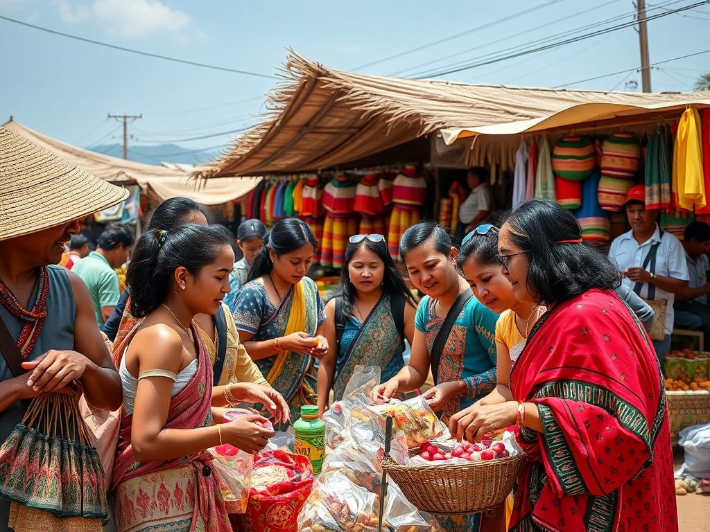 A dynamic high-resolution image of a cultural exploration tour in progress, featuring a diverse group of travelers interacting with local artisans. The scene is lively and colorful, showcasing traditional crafts and foods. The background includes a vibrant market or cultural festival, highlighting the diversity of the destination. The image should capture the spirit of adventure and connection, aligning with the #1C6220 primary color.