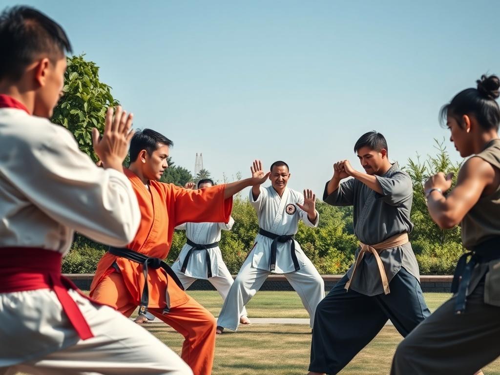 A serene outdoor setting featuring a group of diverse martial artists practicing in a tranquil environment. The backdrop includes lush greenery and a clear blue sky. The focus is on the martial artists demonstrating various techniques, showcasing their concentration and determination. The image should evoke a sense of peace and community, with vibrant colors that highlight the beauty of nature and the discipline of martial arts.