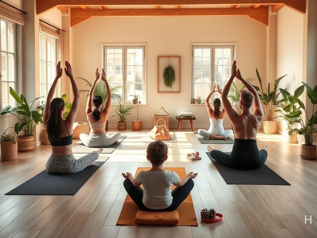 A calming indoor space set up for a wellness workshop with participants engaged in yoga and mindfulness practices. The room is filled with natural light, plants, and calming decor. The focus is on individuals practicing yoga poses, radiating tranquility and focus. The image should capture the essence of wellness, emphasizing relaxation and community in a nurturing atmosphere.
