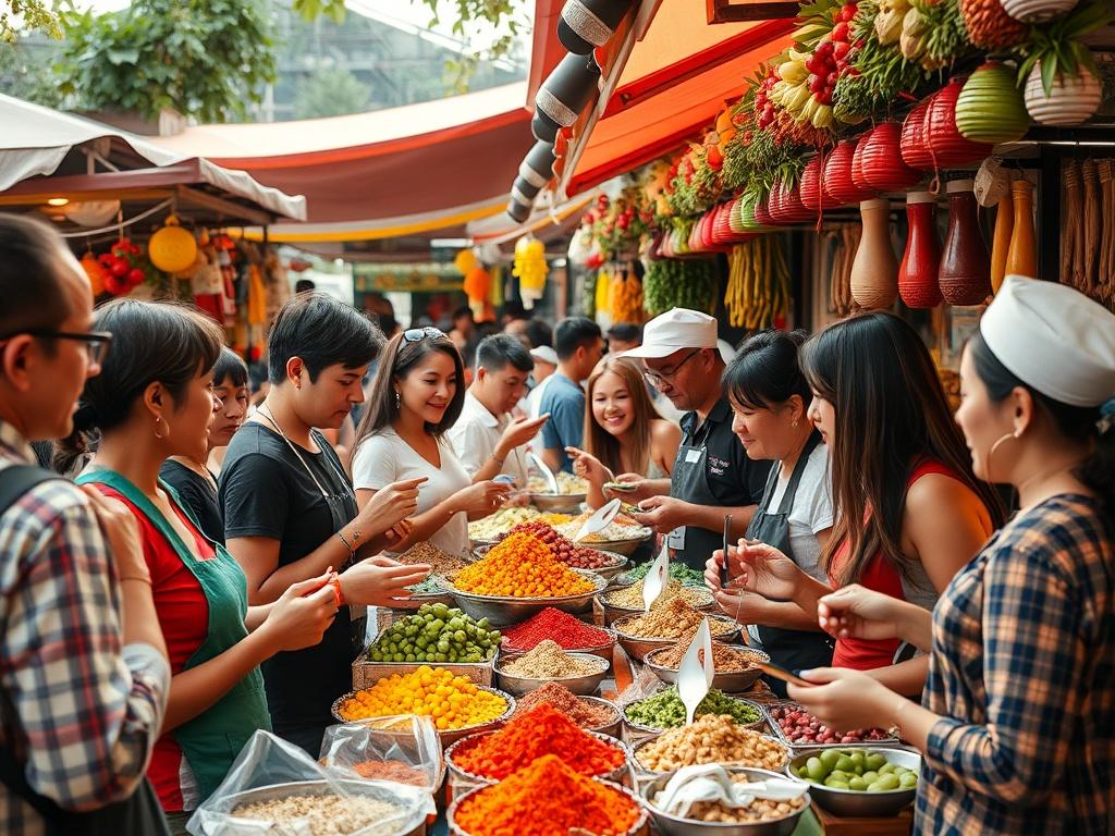 A vibrant outdoor market scene filled with colorful fresh produce and local delicacies. The focus is on a group of enthusiastic participants sampling food and engaging with local chefs. The background includes stalls adorned with various spices, fruits, and traditional dishes, creating a lively atmosphere. The image should evoke a sense of excitement and discovery, showcasing the joy of exploring diverse culinary traditions.