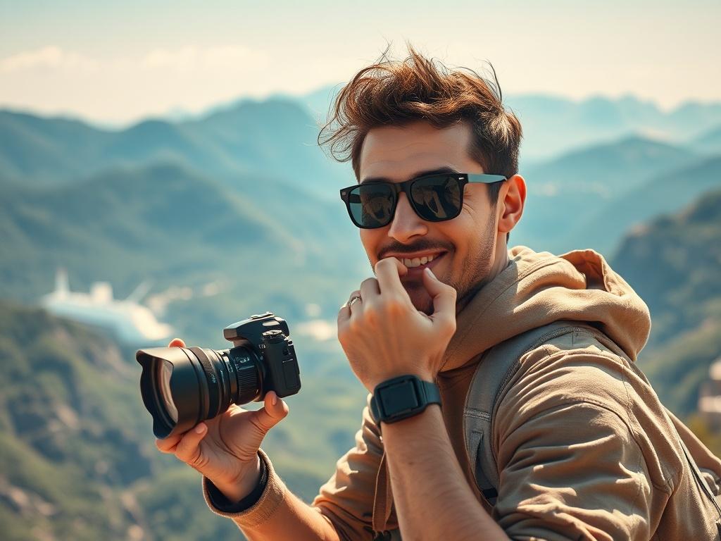Create a highly detailed, realistic high-resolution photo that captures the essence of travel vlogging. The composition should be simple and clear, featuring a single subject: a passionate travel vlogger. The vlogger, capturing their adventure with a high-quality camera, should be framed in the foreground, wearing comfortable outdoor clothing, embodying enthusiasm and focus. 

In the background, showcase a breathtaking landscape that highlights a famous travel destination, such as a lush green mountain rang