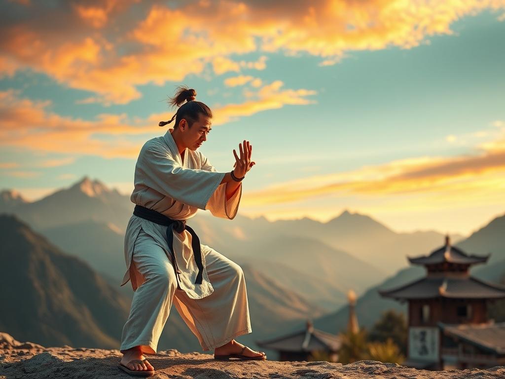 A martial artist practicing in a stunning outdoor landscape, with
