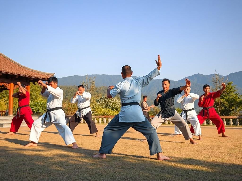 A serene scene of a diverse group of individuals practicing