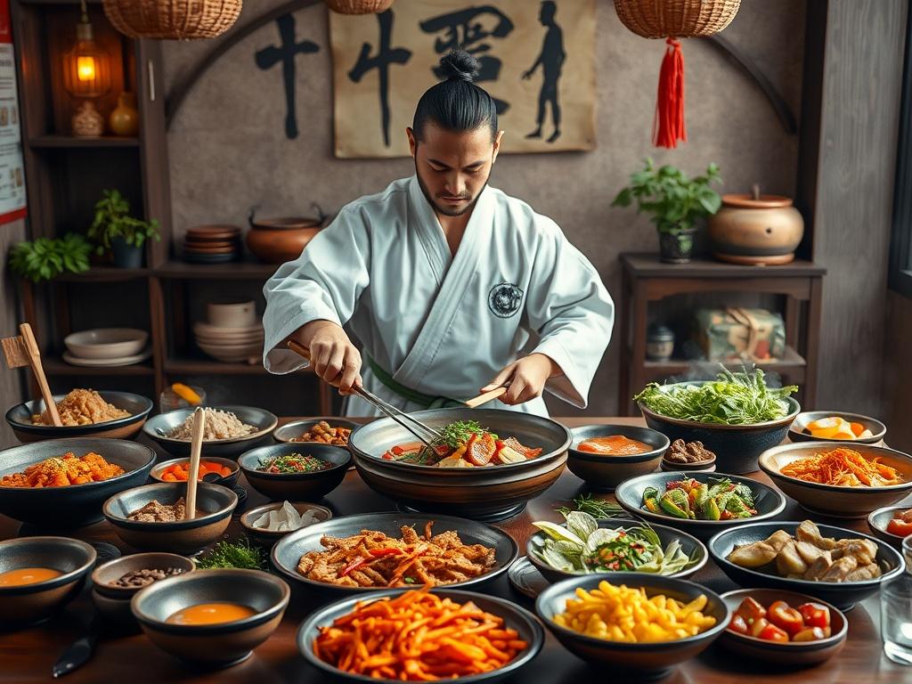 A vibrant table set with various traditional dishes from around