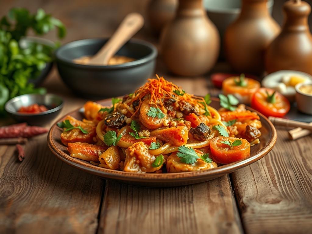 Create a realistic high-resolution photo for a blog titled "Exploring Cultural Cuisine." The image should feature a beautifully plated traditional dish from a specific culture, such as a vibrant Moroccan tagine or a colorful Japanese sushi platter. The dish should be the only subject in the composition, centrally positioned on a rustic wooden table to create a warm and inviting atmosphere. 

The background should be softly blurred, showcasing hints of spices, fresh ingredients, or culinary tools that hint a