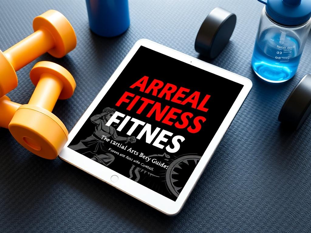 A high-resolution image of a digital tablet displaying the cover of the Martial Arts Fitness Digital Guide. The tablet is placed on a gym mat, surrounded by fitness equipment like dumbbells and a water bottle, creating a motivating workout environment.