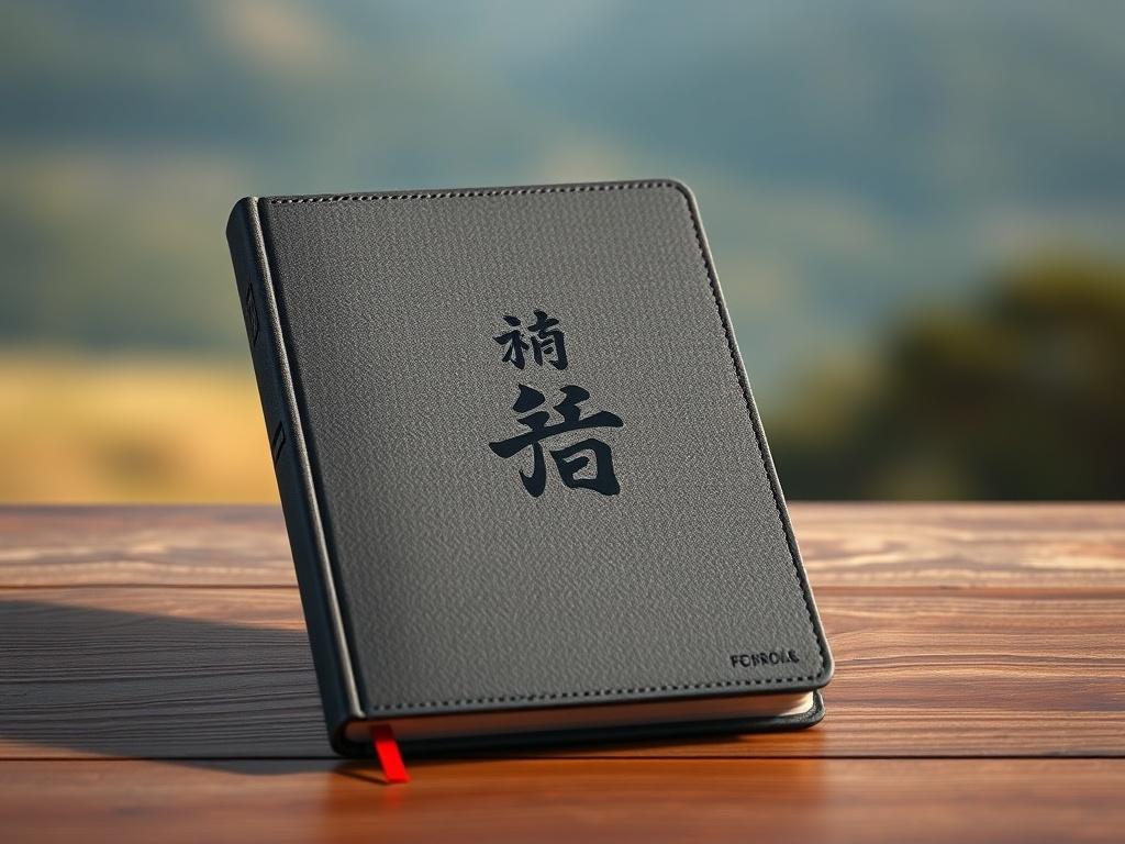 A high-resolution image of a closed travel journal with a martial arts theme, placed on a wooden table. The journal has a textured cover featuring traditional martial arts symbols and a subtle embossed logo. The background is minimalistic, with a soft, blurred nature scene, emphasizing the journal as the main subject.
