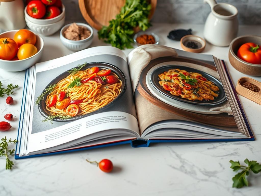 A high-resolution image of an open cookbook showcasing vibrant food photography, with colorful dishes displayed on the pages. The setting is a kitchen countertop with fresh ingredients, herbs, and spices around it, creating an inviting atmosphere for cooking.