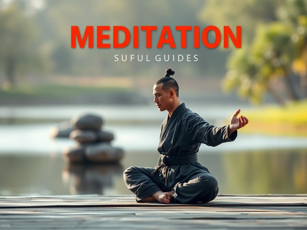 A serene digital meditation guide cover featuring a tranquil scene of a martial artist meditating in a peaceful outdoor setting. The background shows soft, blurred natural elements like trees and water, creating a calming atmosphere. The colors are soft and harmonious, reflecting peace and tranquility.