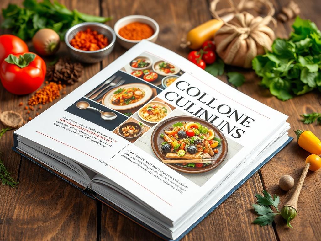 A beautifully designed cookbook titled 'Global Culinary Adventures' opened to a page featuring vibrant food photography. The background showcases a rustic wooden table with ingredients like spices, fresh vegetables, and herbs artfully arranged around the book. The colors are bold and vibrant, emphasizing the essence of global cuisine.