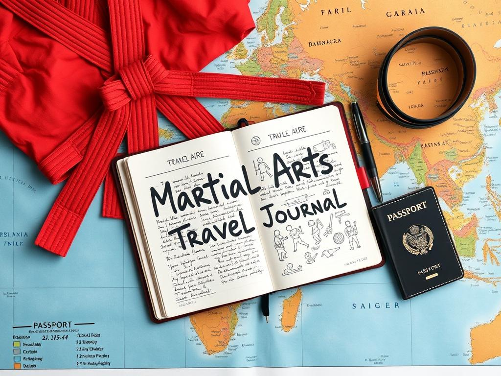 An open travel journal titled 'Martial Arts Travel Journal' resting on a vibrant travel map, surrounded by martial arts gear like a gi, belt, and a passport. The journal pages are filled with handwritten notes and sketches of martial arts techniques, and a pen sits beside it. The composition is inviting and adventurous.