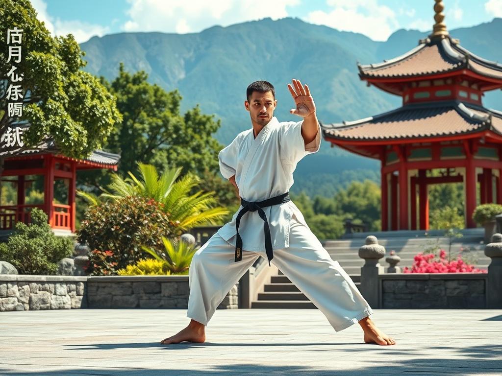**AI Image Generation Prompt:**

Create a realistic high-resolution photo capturing the essence of martial arts training in a serene, picturesque outdoor setting. The image should feature a single martial artist practicing a traditional martial arts stance in a scenic location, such as a tranquil Japanese garden, a stunning mountain backdrop, or a vibrant tropical beach. The martial artist should wear a traditional gi or uniform, showcasing a specific martial art such as karate, taekwondo, or kung fu, demon