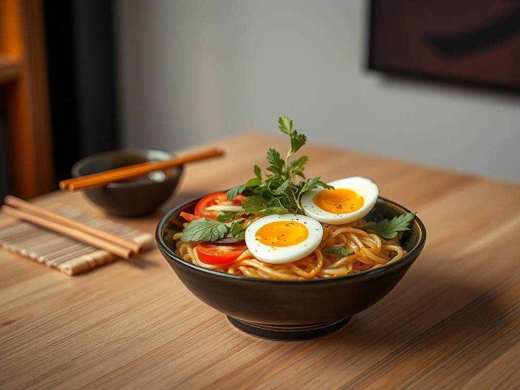 Create a realistic high-resolution photo focusing on a beautifully presented plate of traditional martial arts cuisine. The main subject is a vibrant, detailed dish of ramen or stir-fried noodles, garnished with fresh vegetables, herbs, and a perfectly cooked egg, artfully arranged to highlight its colors and textures. The setting features a clean, wooden dining table, with subtle, warm lighting that enhances the food's natural colors.

In the background, include a blurred view of chopsticks resting on a sm