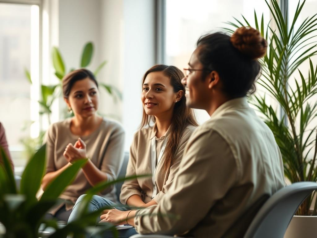 A serene office space with a team of diverse professionals