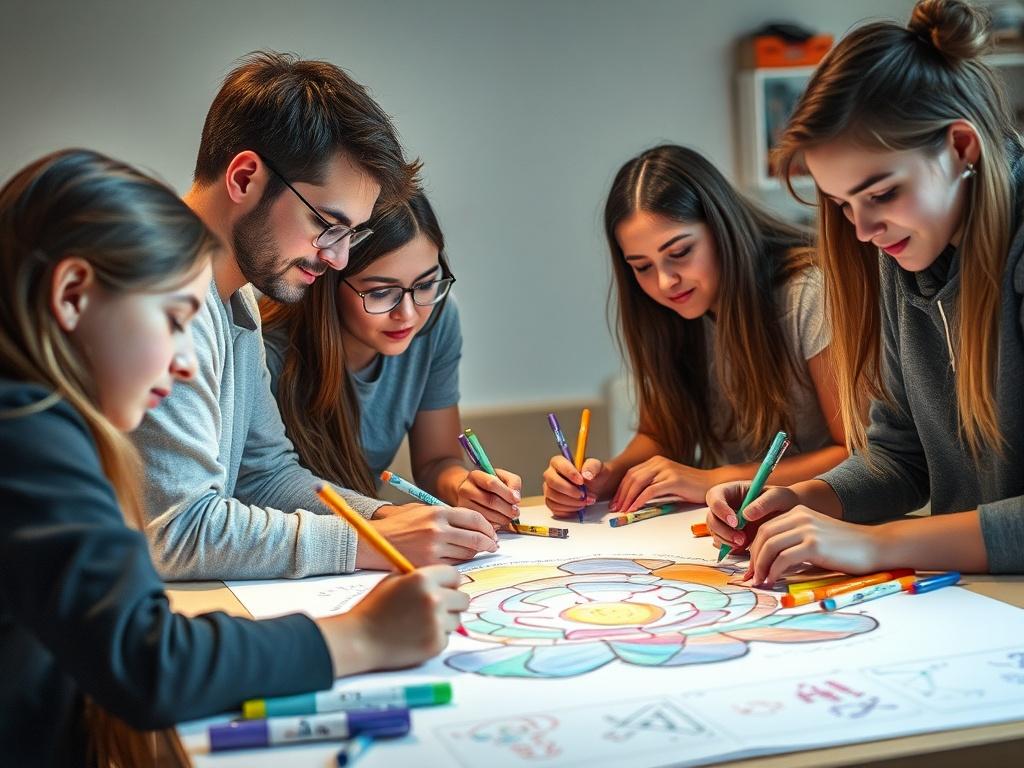 Un grup de liceeni creativi, concentrati pe un proiect artistic, care creează un afiș colorat. Fiecare elev folosește markere, creioane colorate, vopsele și pensule. Fundalul este luminos și plin de energie, cu o masă de lucru plină de ustensile de artă. Atmosfera este jovială și colaborativă, cu zâmbete și interacțiuni între elevi.