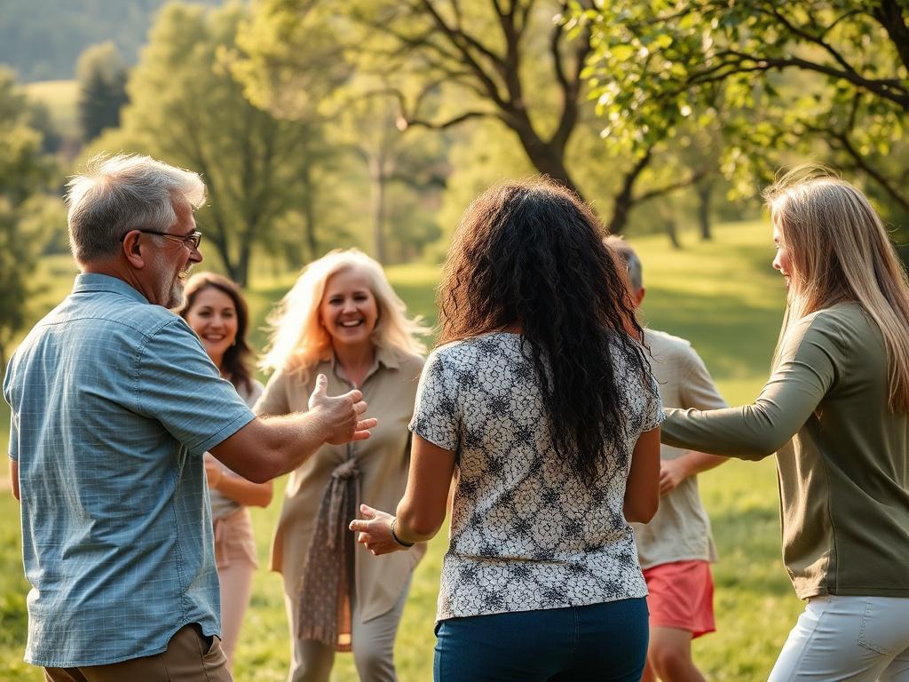 A serene outdoor scene featuring a diverse group of Balkan adults engaged in a team game. The setting is lush and green, surrounded by trees and gentle hills, with the sun shining softly. The group is laughing and collaborating, showcasing a sense of community and teamwork. The focus is on their joyful expressions and active participation in the game. The atmosphere is peaceful and vibrant, capturing the essence of nature and camaraderie.