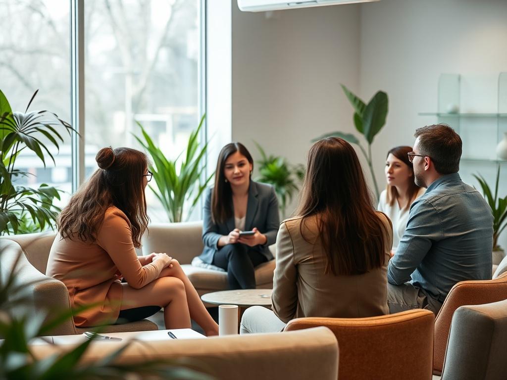 A serene and focused workspace with a diverse group of professionals engaged in a coaching session. The setting should be well-lit, featuring soft colors and a peaceful atmosphere. In the foreground, a coach is guiding the group, emphasizing teamwork and collaboration. The background should include plants and comfortable seating to create a calming environment.