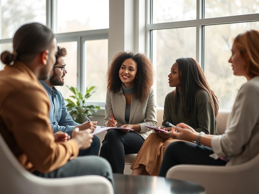 A realistic high-resolution photo of a diverse team engaged in a coaching session, focusing on a facilitator guiding a discussion. The setting is bright and inviting, with natural light streaming through large windows. The team members are engaged, taking notes and interacting with each other. The atmosphere is positive and collaborative, with soft tones and gentle lighting, conveying a sense of peace and productivity.