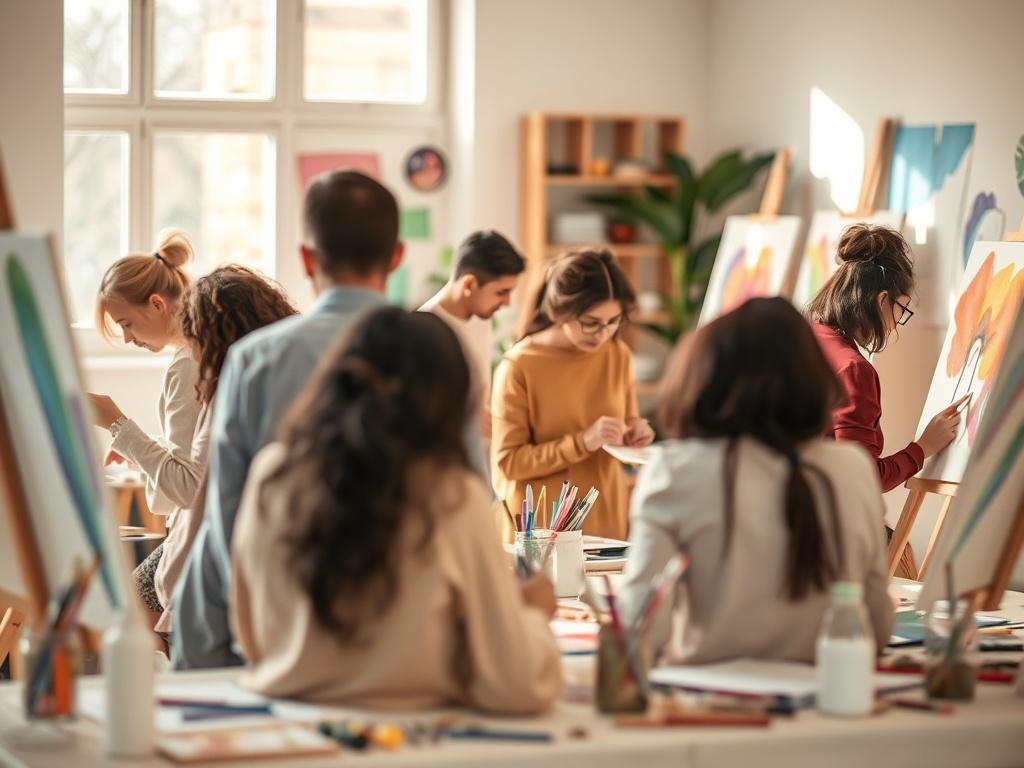 A tranquil art therapy workshop scene featuring a diverse group of individuals engaged in creative activities. The setting is bright, with soft, natural lighting and calming colors. Each participant is focused on their art, expressing emotions through colors and shapes. The background includes art supplies like paints, brushes, and canvases, creating an inviting atmosphere that promotes well-being and emotional expression.