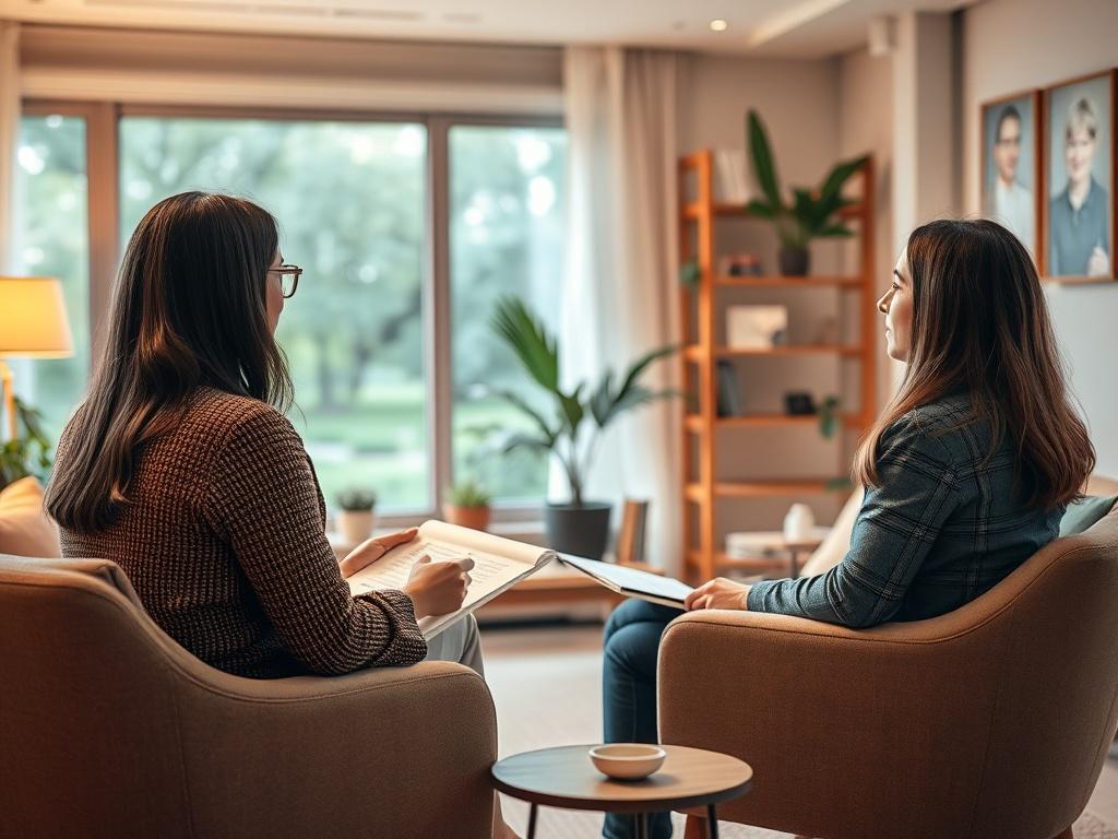 A focused coaching session taking place in a comfortable office