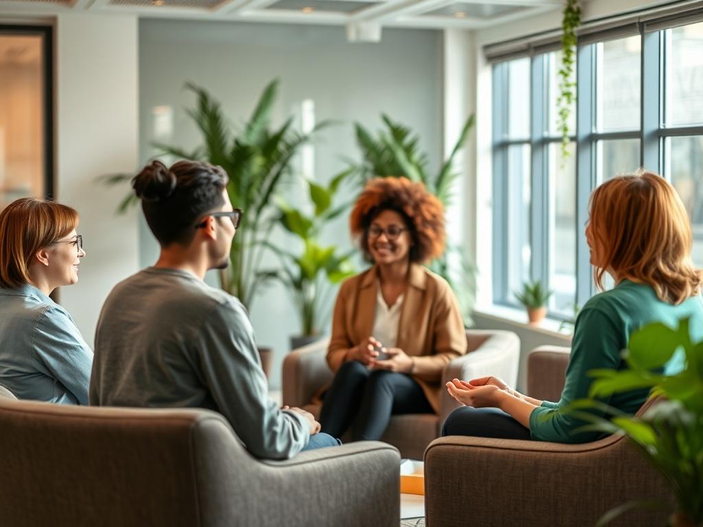 A serene and calm office environment with a group of