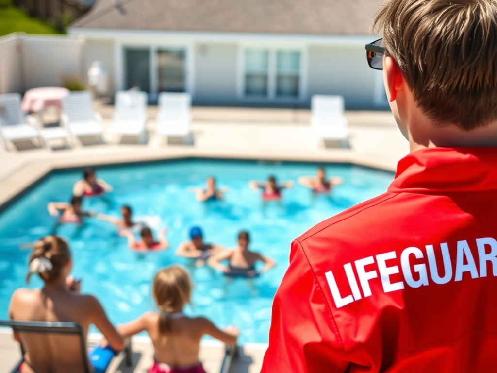 Professional lifeguard supervising a pool party