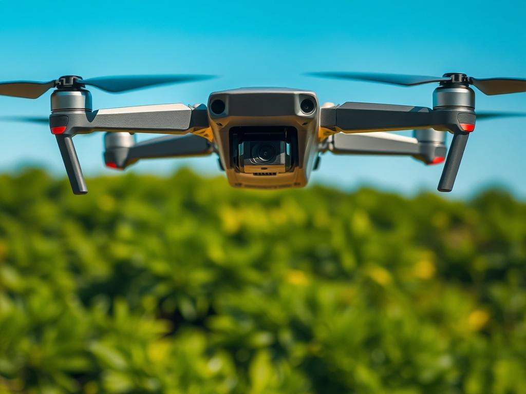 A high-resolution image of a sleek drone equipped with advanced sensors and cameras, flying above a lush green landscape during daylight. The drone should be the central focus of the image, showcasing its modern design and technology. The background should be slightly blurred to emphasize the drone, with clear blue skies and vibrant green vegetation below. The image should reflect innovation and cutting-edge technology, capturing the essence of AI and Drone Technology services.