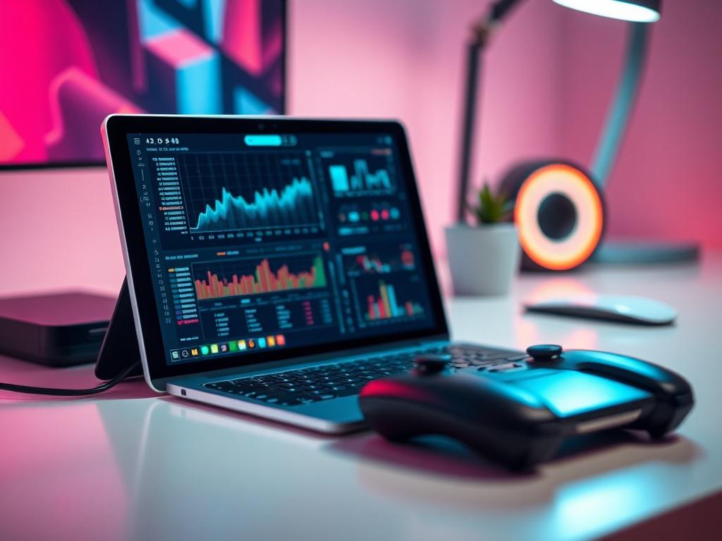 Create a realistic high-resolution image that reflects the theme of "Harnessing AI for Game Data Analysis." The composition should feature a single, focused subject: a modern, sleek AI-powered device such as a tablet or a laptop displaying intricate game data analytics on its screen. The device should be positioned centrally on a clean, minimalist desk environment.

The background should be subtly blurred to draw attention to the device, showcasing a vibrant gaming space with soft lighting. Incorporate elem