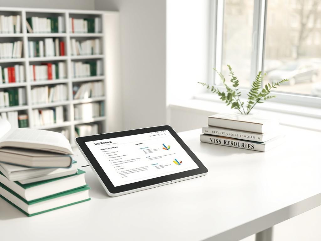 A minimalistic library scene featuring neatly arranged books and digital tablets on a clean desk. The focus is on an open tablet displaying NDIS resources, with soft natural lighting coming from a window. The color palette features soft whites, greens, and hints of rgb(50, 170, 39) for a refreshing touch.