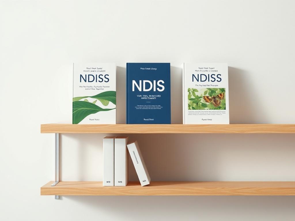 A clean and modern bookshelf displaying three distinct NDIS-related books, each with unique cover designs. The scene is well-lit, highlighting the books against a soft, neutral background. The color scheme includes subtle greens and whites, with hints of rgb(50, 170, 39) in the book spines.