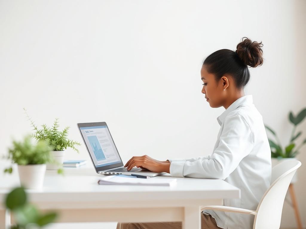 A clean and minimalistic workspace featuring a person sitting at a desk, engaged in reading NDIS resources on a laptop. The background is softly blurred, emphasizing the person and laptop, with a few plants providing a touch of greenery. The color scheme includes shades of white and the primary color rgb(50, 170, 39) is subtly integrated in the decor.