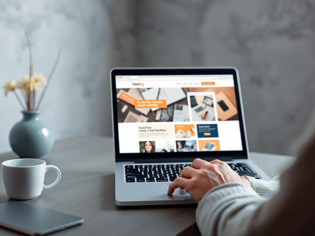 A high-resolution image of a person interacting with a laptop, showcasing a clean and user-friendly website interface on the screen. The environment should have cool tones, with soft gray and rich blue shades in the background, creating a calm and inviting workspace.