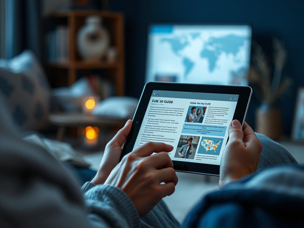 A high-resolution image of a person reading a guide on a tablet, sitting in a cozy environment. The focus should be on the tablet displaying clear, informative content, with a background featuring cool-toned elements in shades of blue and gray, promoting a sense of calm and focus.